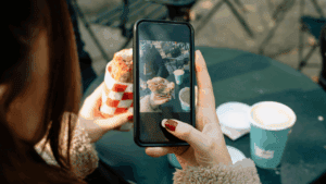 Delicious ice cream cone being photographed at 407&Beyond coffee shop.